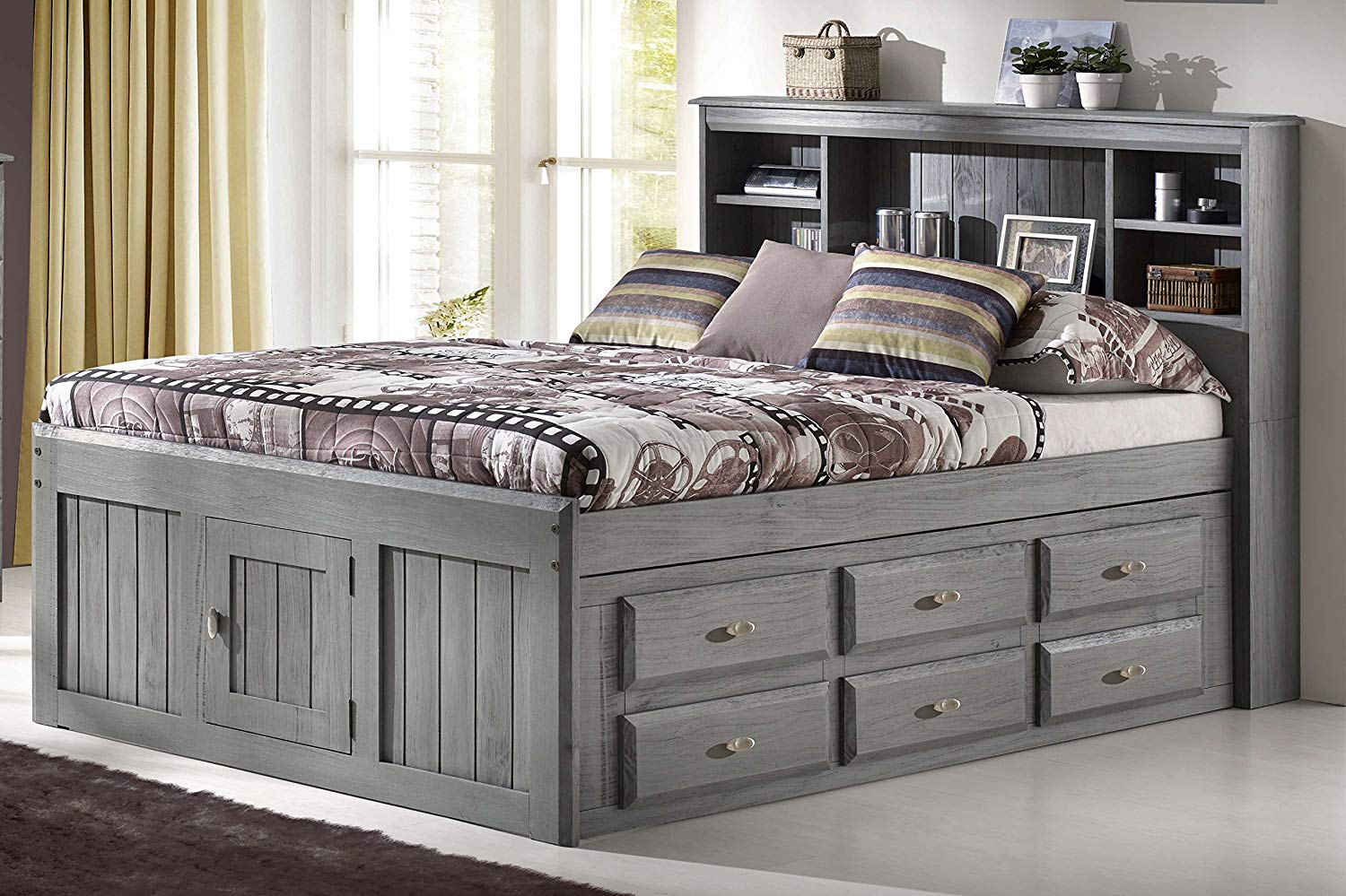 Captain bed with bookcase headboard