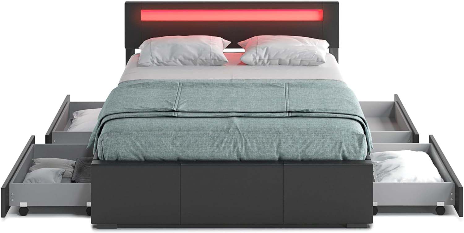 Four Drawers Platform Bed with LED Light By ZTOZZ