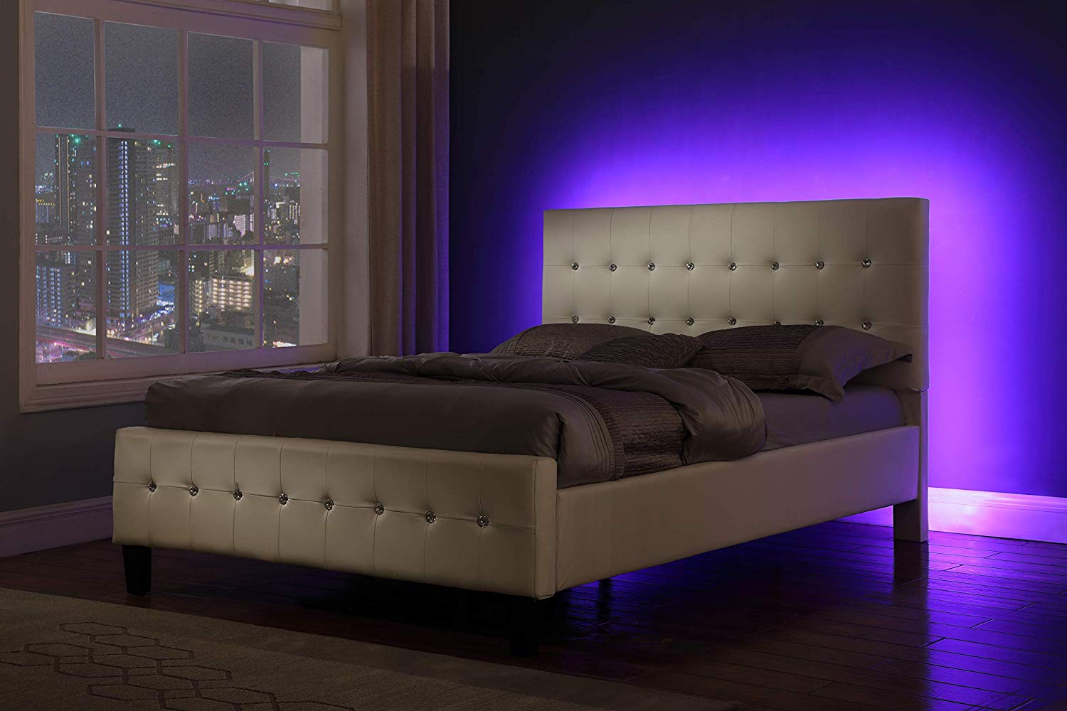 Modern Headboard Tufted Design Leather Look Upholstered Bed with LED Headboard
