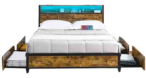 Platform Bed With LED Lights and Bookcase Headboard By Alohappy
