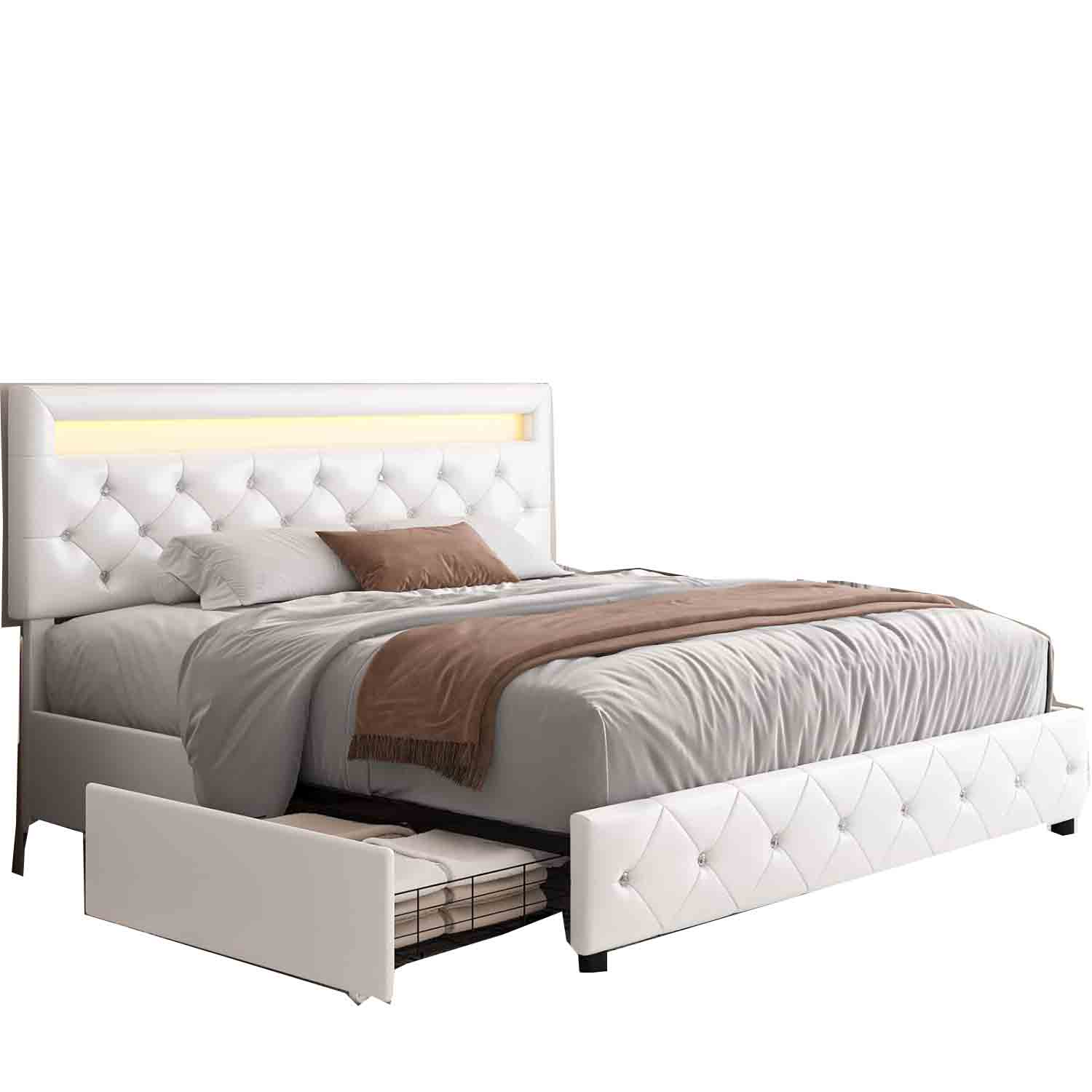Upholstered Platform Bed With LED Lights and Four Storage Drawer